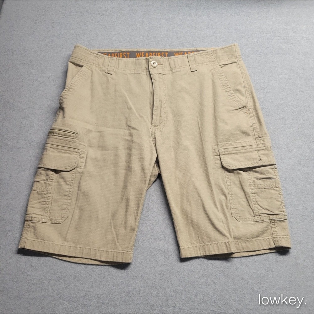 WearFirst Mens Tan Khaki Ripstop Cargo Short Size 38 Stretch Utility Tech Pocket